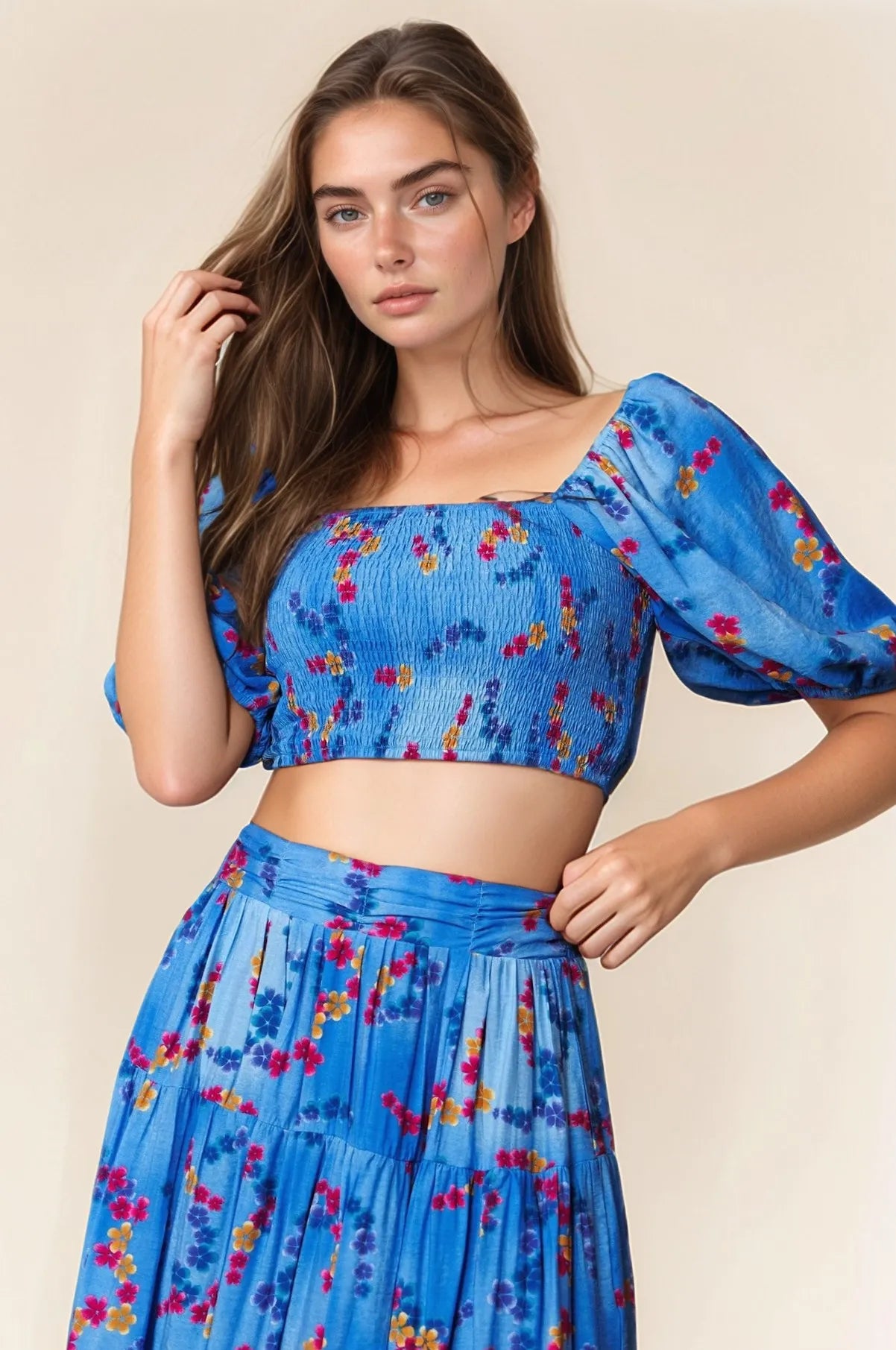 Image of Davi & Dani Smocing Bodice Puff Short Sleeve Printed Crop Top | Queeble.shop