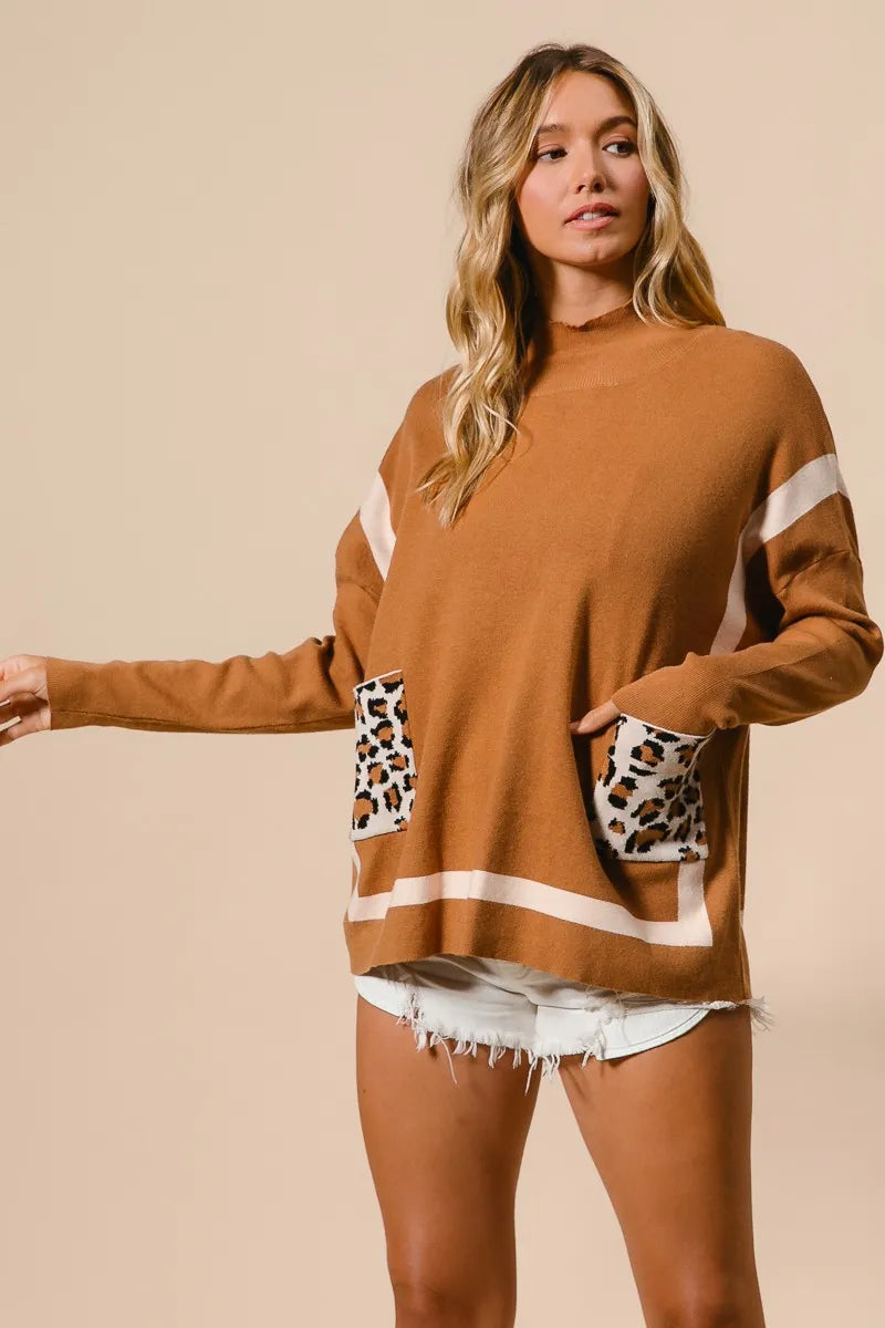Image of BiBi Mock Neck Sweater with Leopard Pocket | Queeble.shop