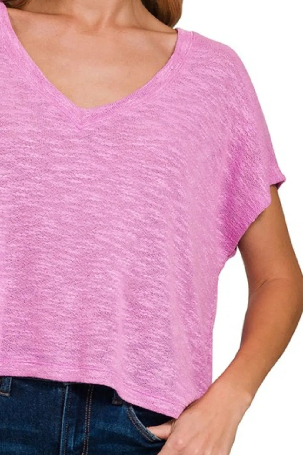 Image of Zenana Hacci Slub V-neck Drop Shoulder Crop Top | Queeble.shop