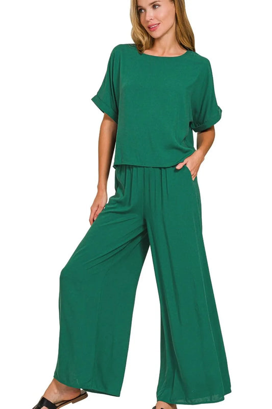 Image of Zenana Round Neck T-Shirt and Wide Leg Pants Set | Queeble.shop