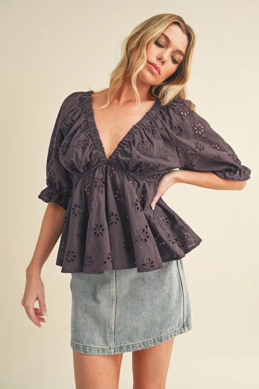 Image of Aemi + Co Eyelet Embroidered V-Neck Half Sleeve Peplum Blouse | Queeble.shop