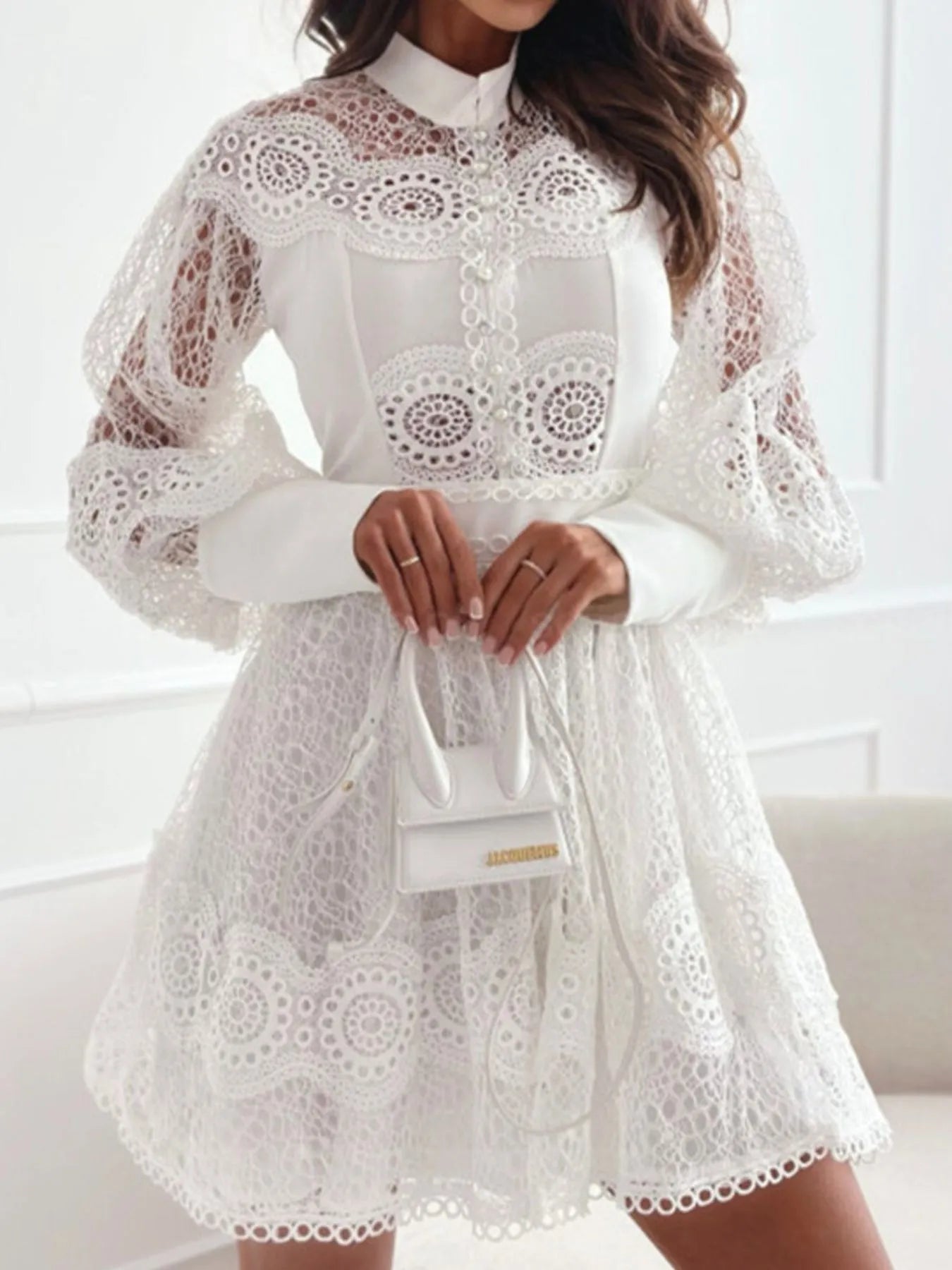 Image of Lace Lantern Sleeve Mini Dress | Queeble.shop