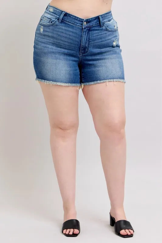 Image of Judy Blue Full Size V-Front Denim Shorts with Shield Pockets Plus Size | Queeble.shop