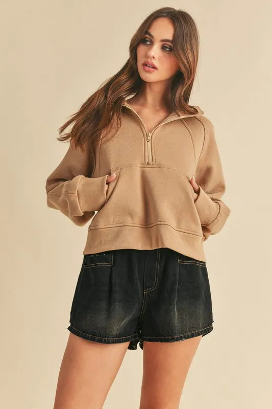 Image of Aemi + Co Half Zip Raglan Sleeve Hoodie with Kangaroo Pocket | Queeble.shop