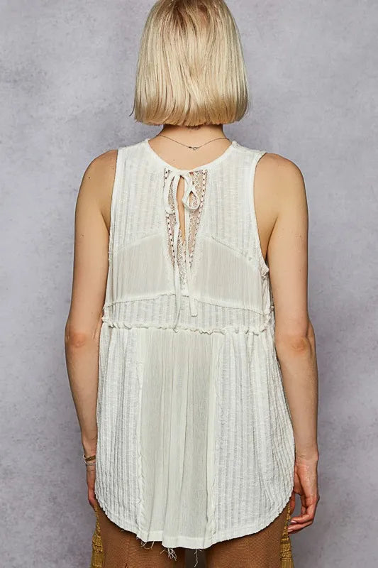 Image of POL Lace Trim Round Neck Tank with Pintuck Detail | Queeble.shop