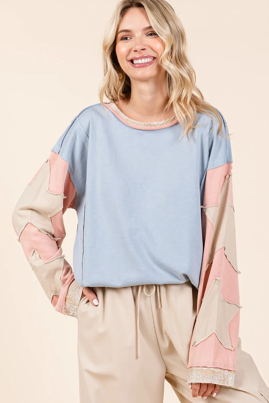 Image of Mittoshop Star Patch Long Sleeve Colorblock Mineral Wash Top | Queeble.shop