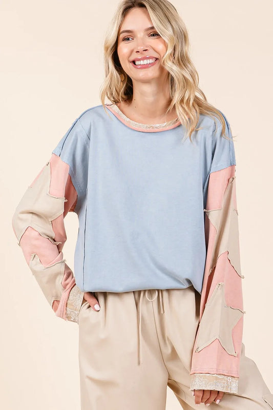 Image of Mittoshop Star Patch Long Sleeve Colorblock Mineral Wash Top | Queeble.shop