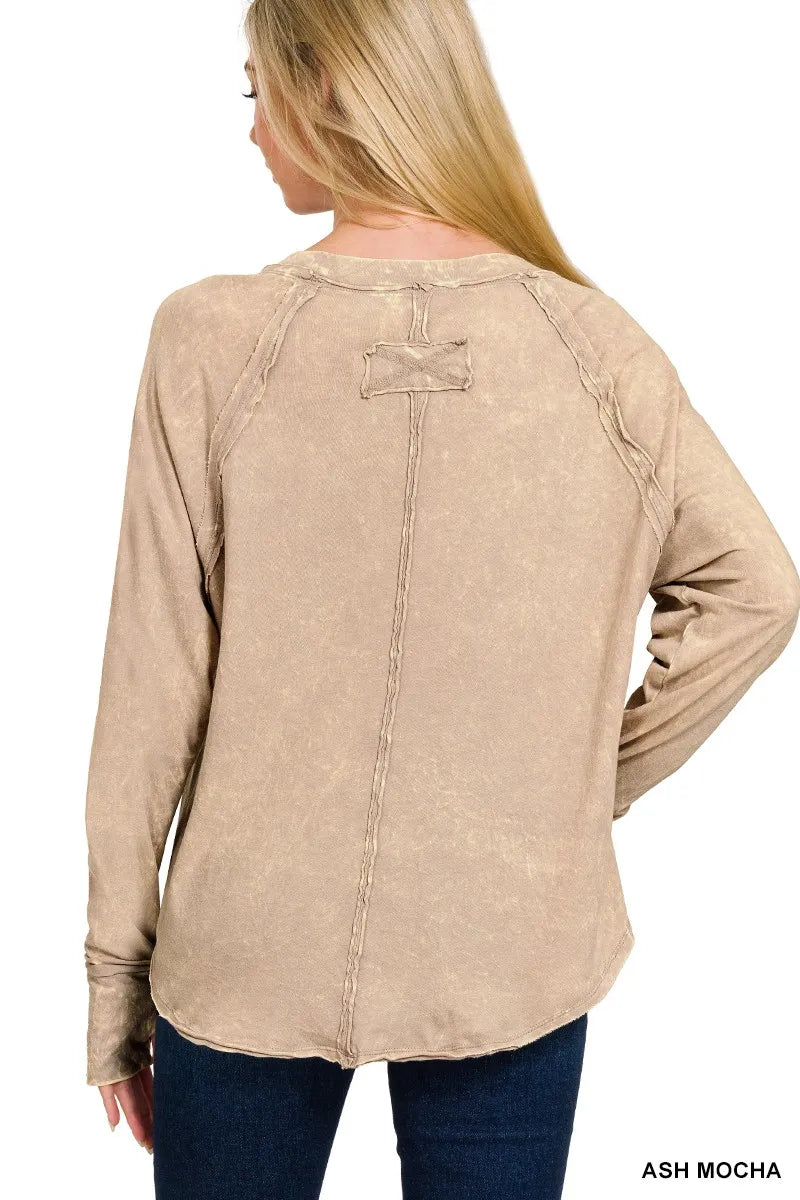 Image of Zenana Crinkle Washed Thumb Hole Cuffs Long Sleeve Top | Queeble.shop