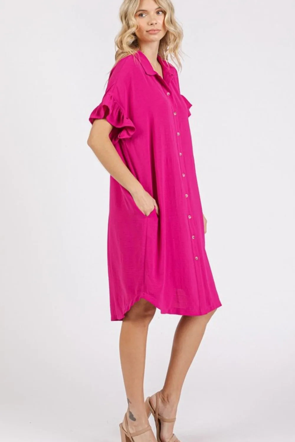 Image of Mittoshop Button Down Flounce Sleeve Dress with Pockets | Queeble.shop