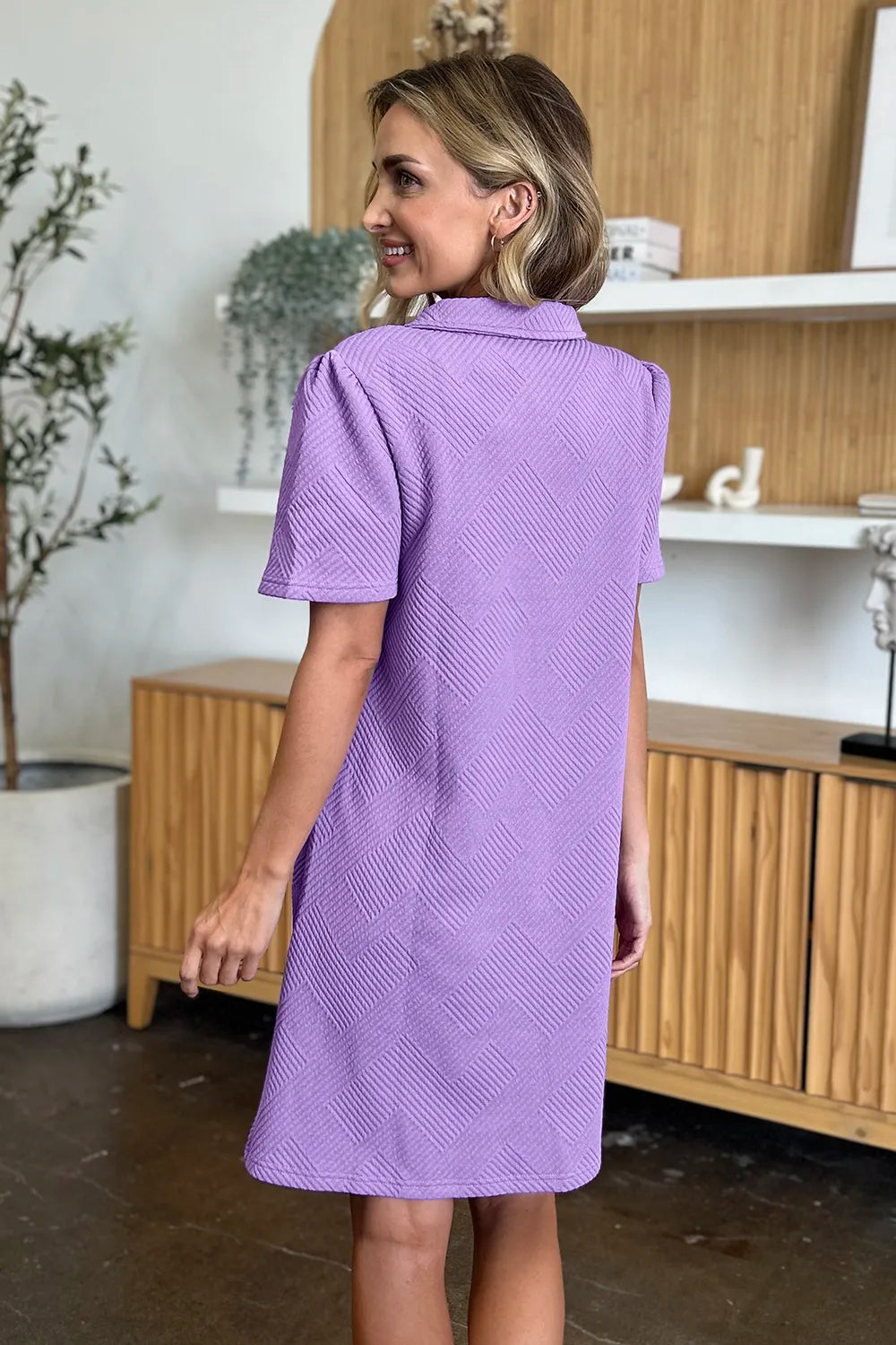 Image of Double Take Full Size Texture Collared Neck Short Sleeve Dress | Queeble.shop