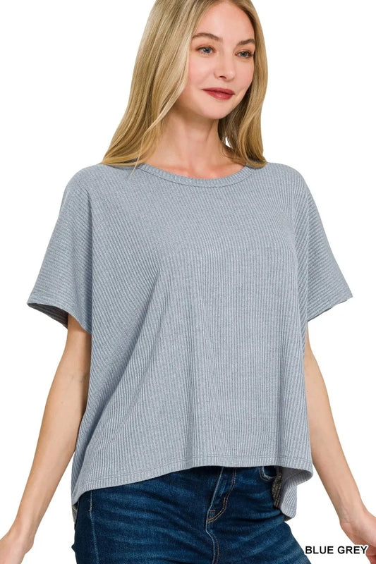Image of Zenana Ribbed Round-Neck Short-Sleeve Knit Top | Queeble.shop
