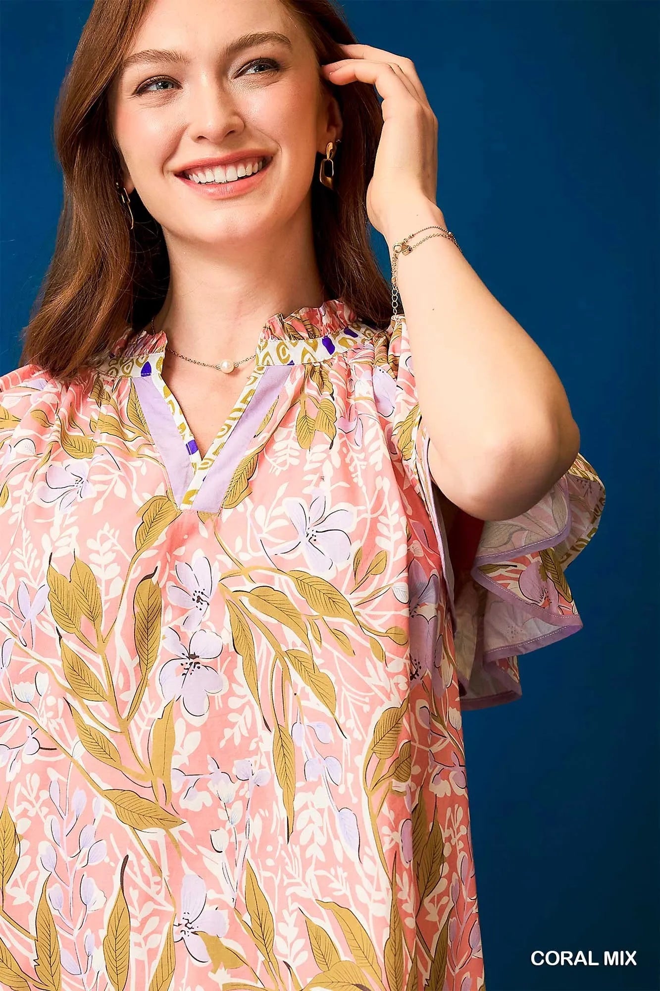 Image of Umgee Floral Ruffle-Sleeve Tunic Dress | Queeble.shop