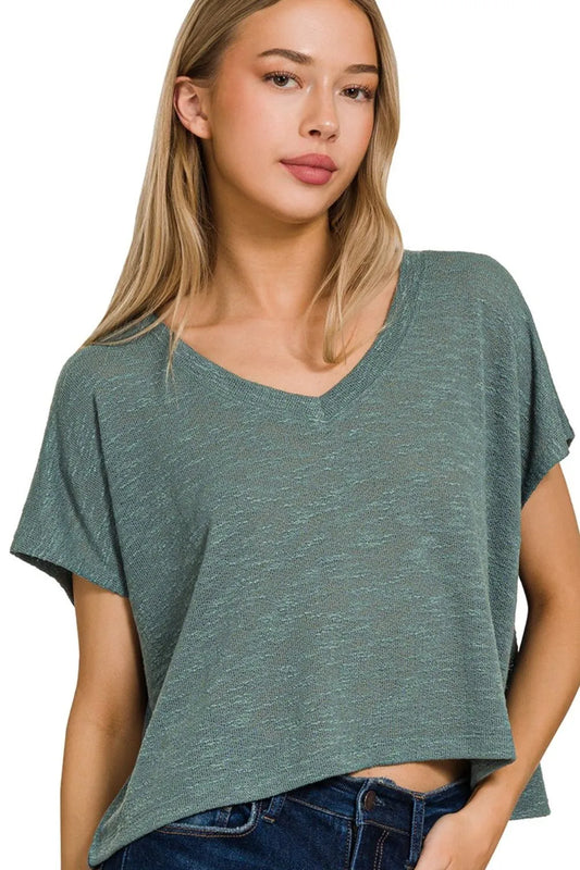 Image of Zenana Hacci Slub V-neck Drop Shoulder Crop Top | Queeble.shop