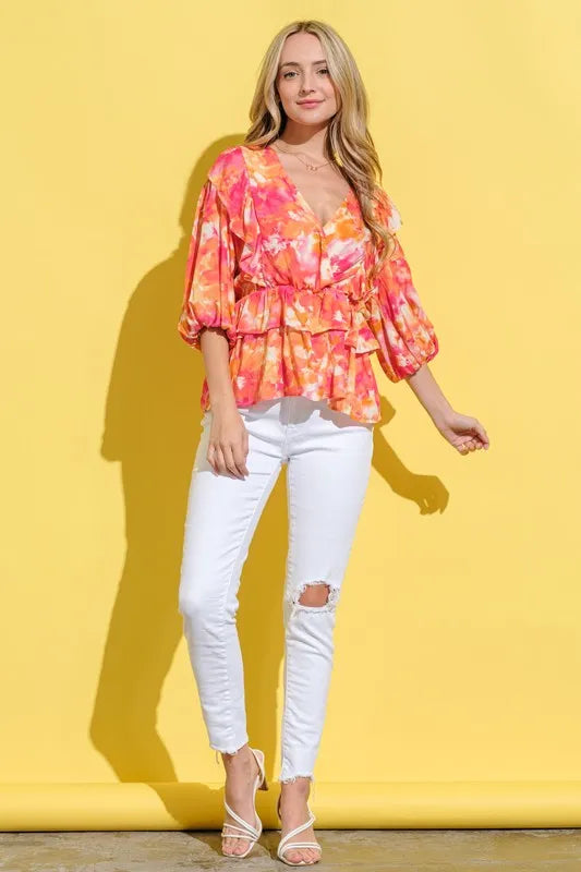 Image of And The Why Ruffled Printed Puff Sleeve Blouse | Queeble.shop