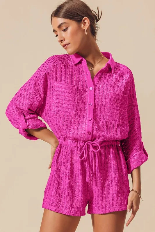 Image of SO ME Textured Knit Button Front Romper | Queeble.shop