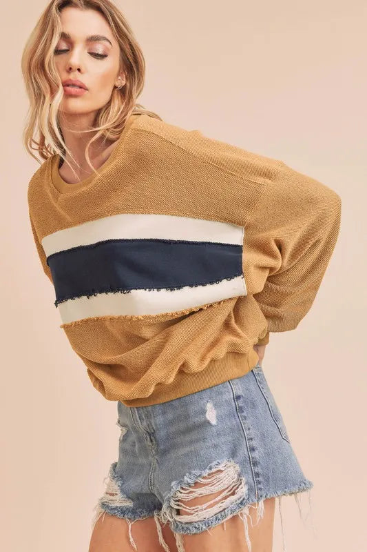 Image of Aemi + Co Raw Hem Contrast Striped Dolman Sleeve Sweatshirt | Queeble.shop