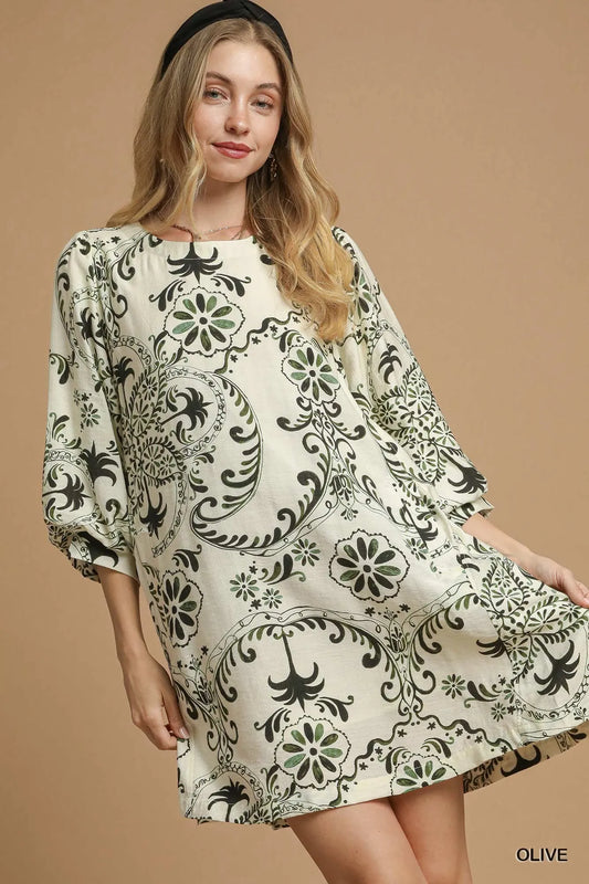 Image of Umgee Boho Printed Balloon Sleeve Mini Dress | Queeble.shop