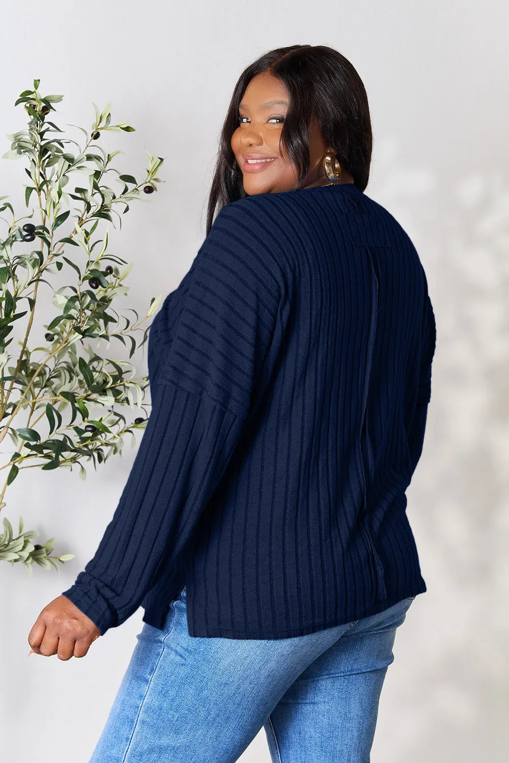 Image of Basic Bae Full Size Ribbed Round Neck Slit Knit Top | Queeble.shop