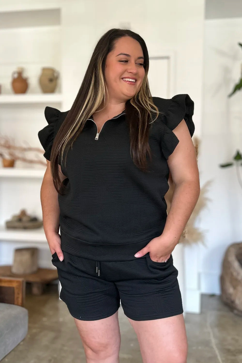 Image of Double Take Full Size Texture Flounce Sleeve Top and Shorts Set | Queeble.shop