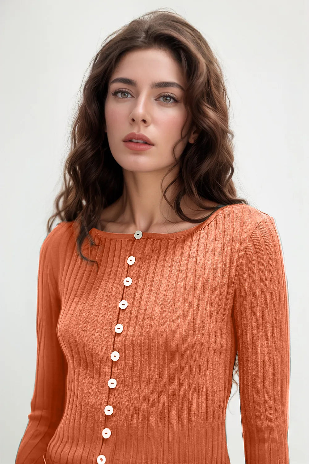 Image of Basic Bae Texture Button Up Round Neck Long Sleeve Top | Queeble.shop