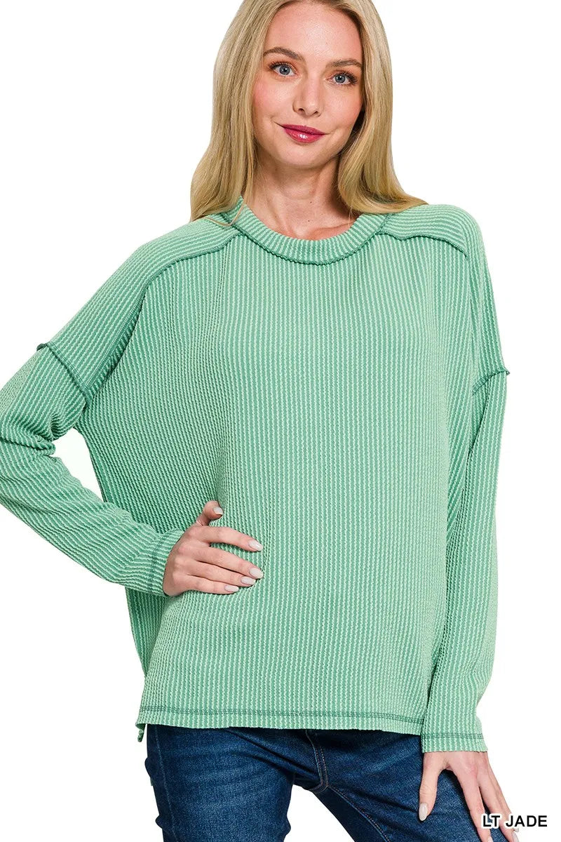 Image of Zenana Exposed Seam Long Sleeve Corded Rib Knit Top | Queeble.shop