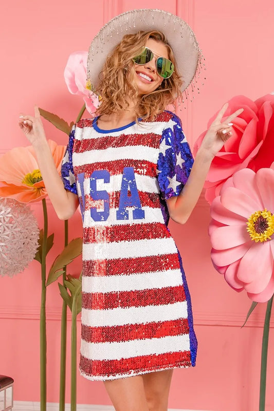 Image of BiBi American Flag Theme Usa Print Sequin Dress | Queeble.shop