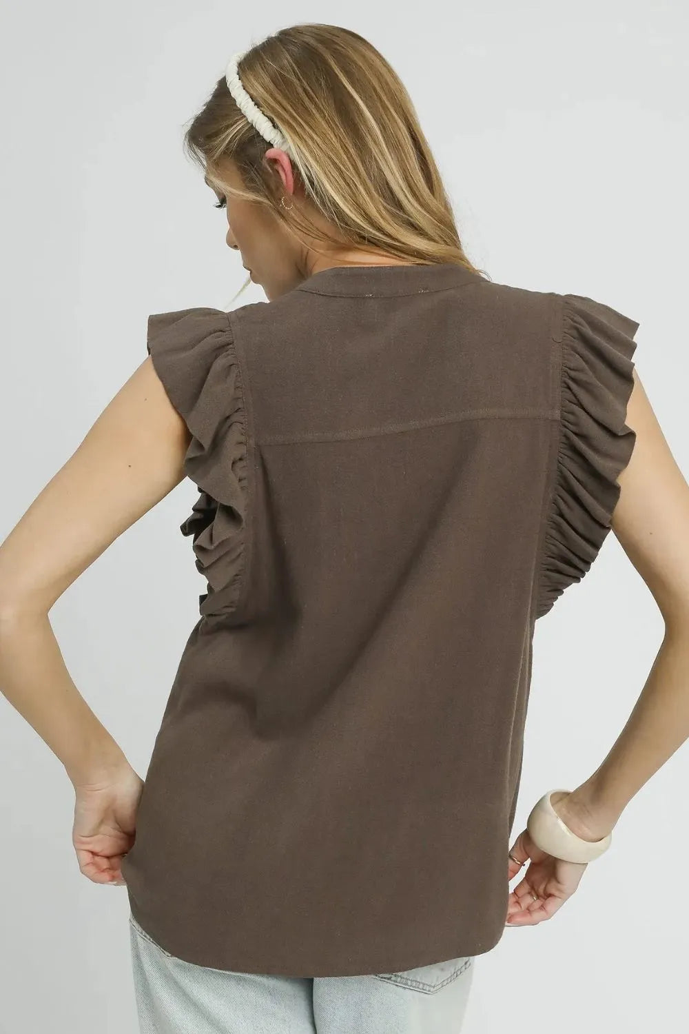 Image of Umgee Linen Ruffle Sleeve Button-Down Shirt | Queeble.shop