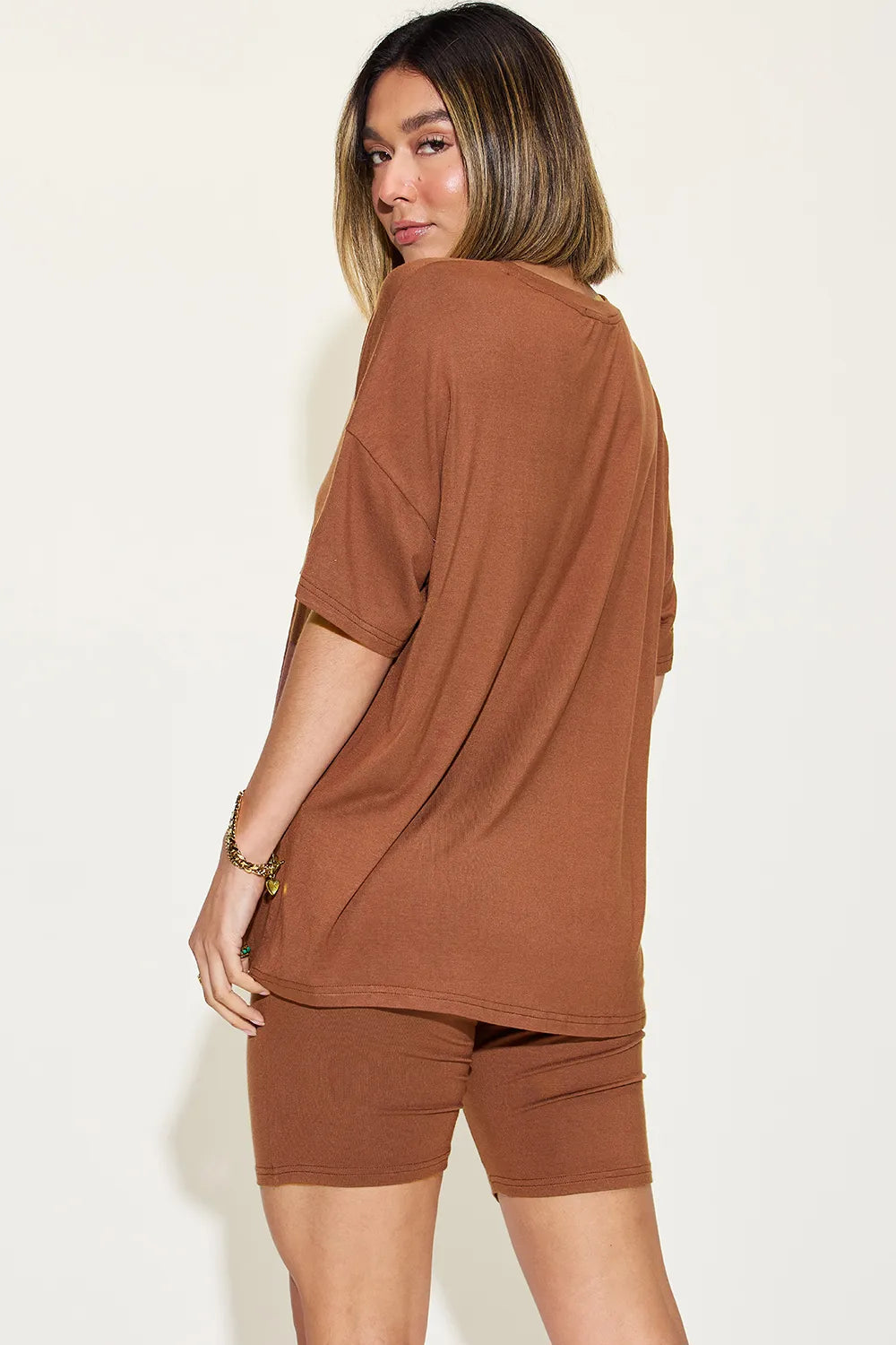 Image of Basic Bae Full Size V-Neck Drop Shoulder T-Shirt and Shorts Set | Queeble.shop