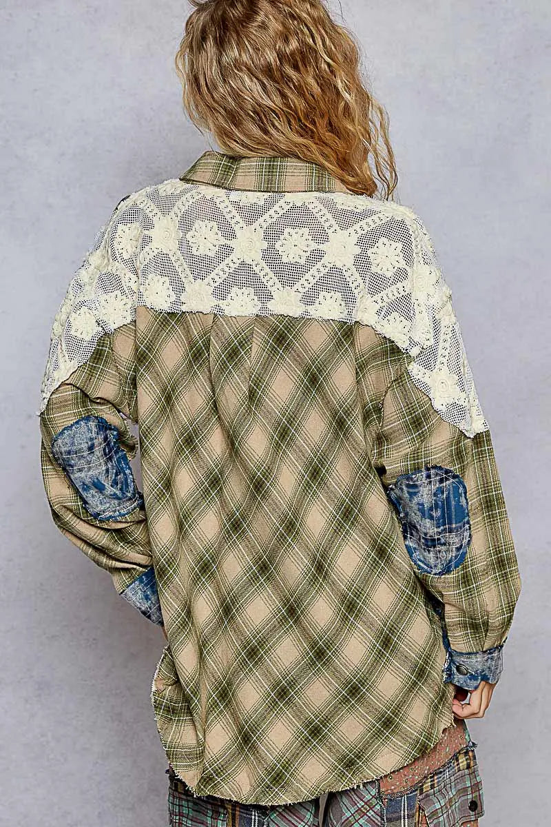 Image of POL Lace Patchwork Plaid Oversized Shirt | Queeble.shop