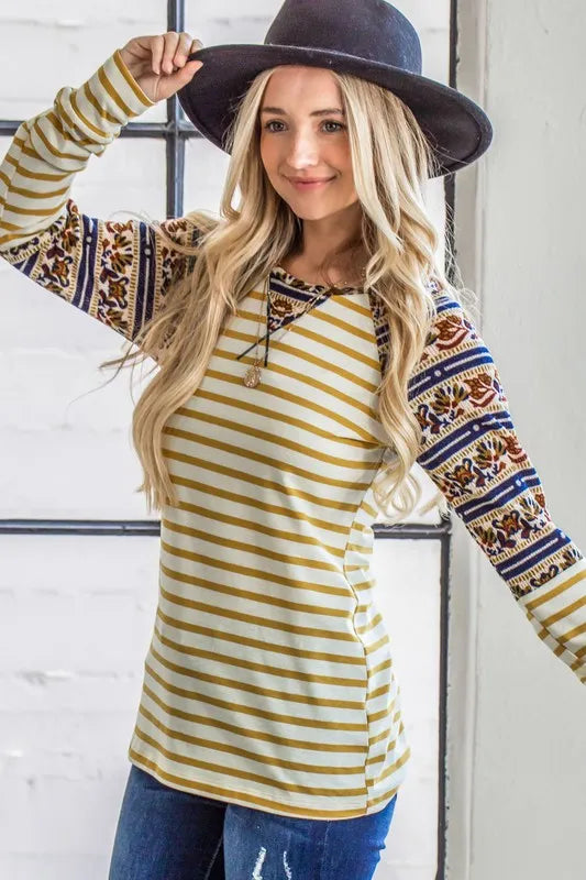 Image of And The Why Stripe Ethnic Print Raglan Top | Queeble.shop