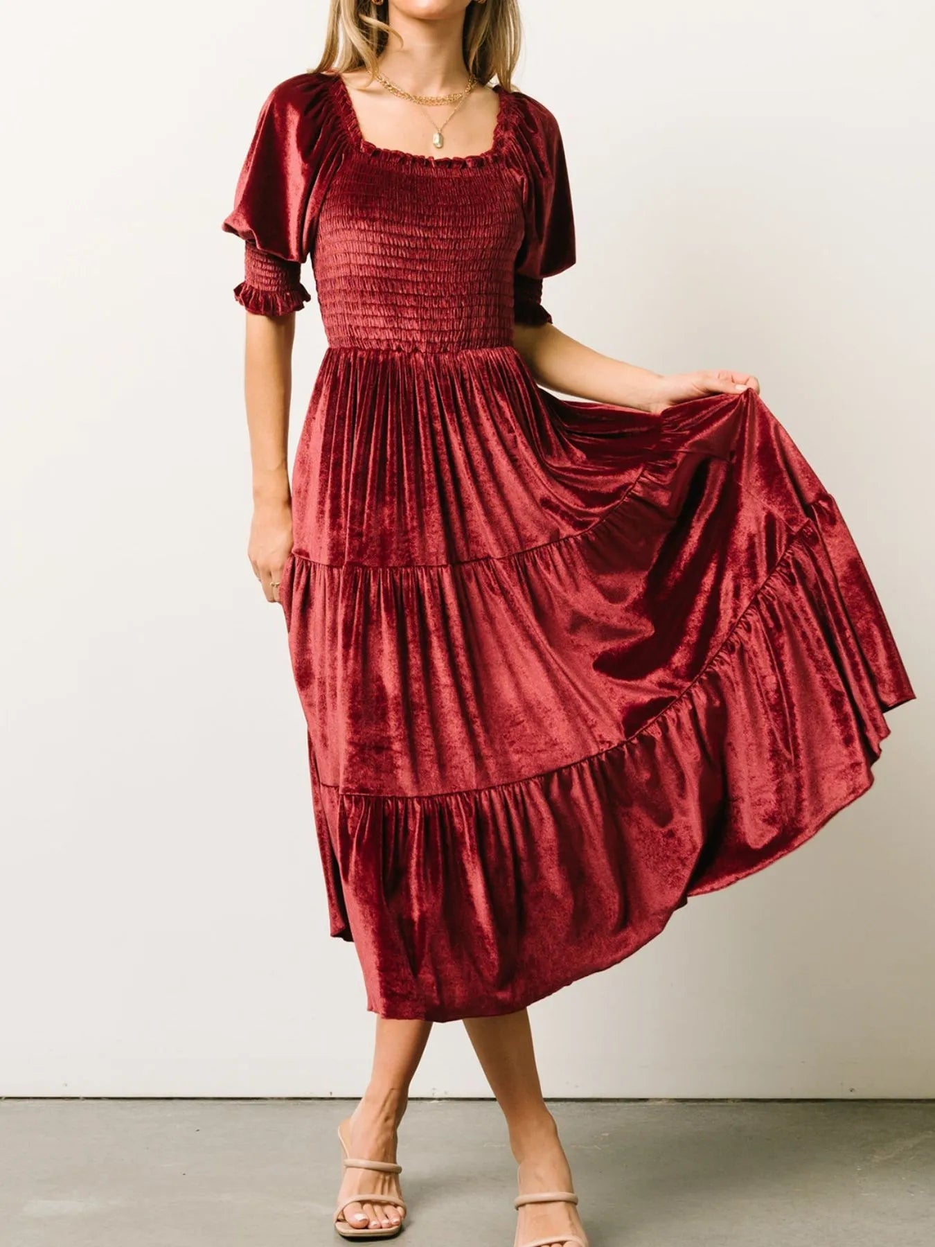 Image of Smocked Half Sleeve Tiered Midi Dress | Queeble.shop