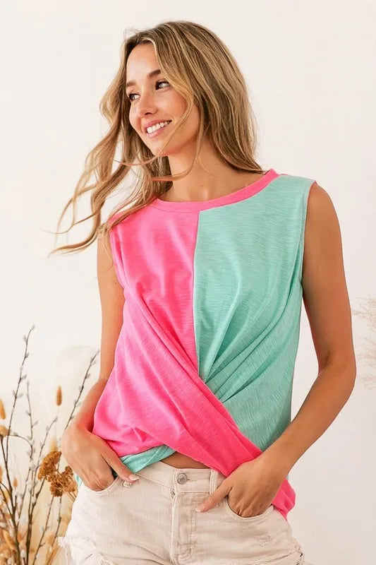 Image of BiBi Slub Terry Color Block Twisted Top | Queeble.shop
