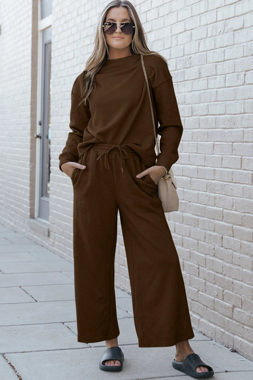 Image of Double Take Full Size Textured Long Sleeve Top and Drawstring Pants Set | Queeble.shop