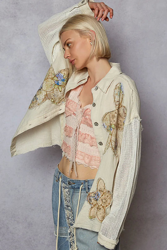 Image of POL Button Down Exposed Seam Flower Print Patch Shirt with Crochet Long Sleeve | Queeble.shop