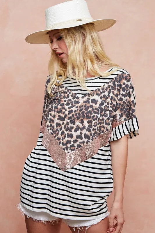 Image of BiBi Stripe Rayon Span Knit Color Block Top With Leopard | Queeble.shop