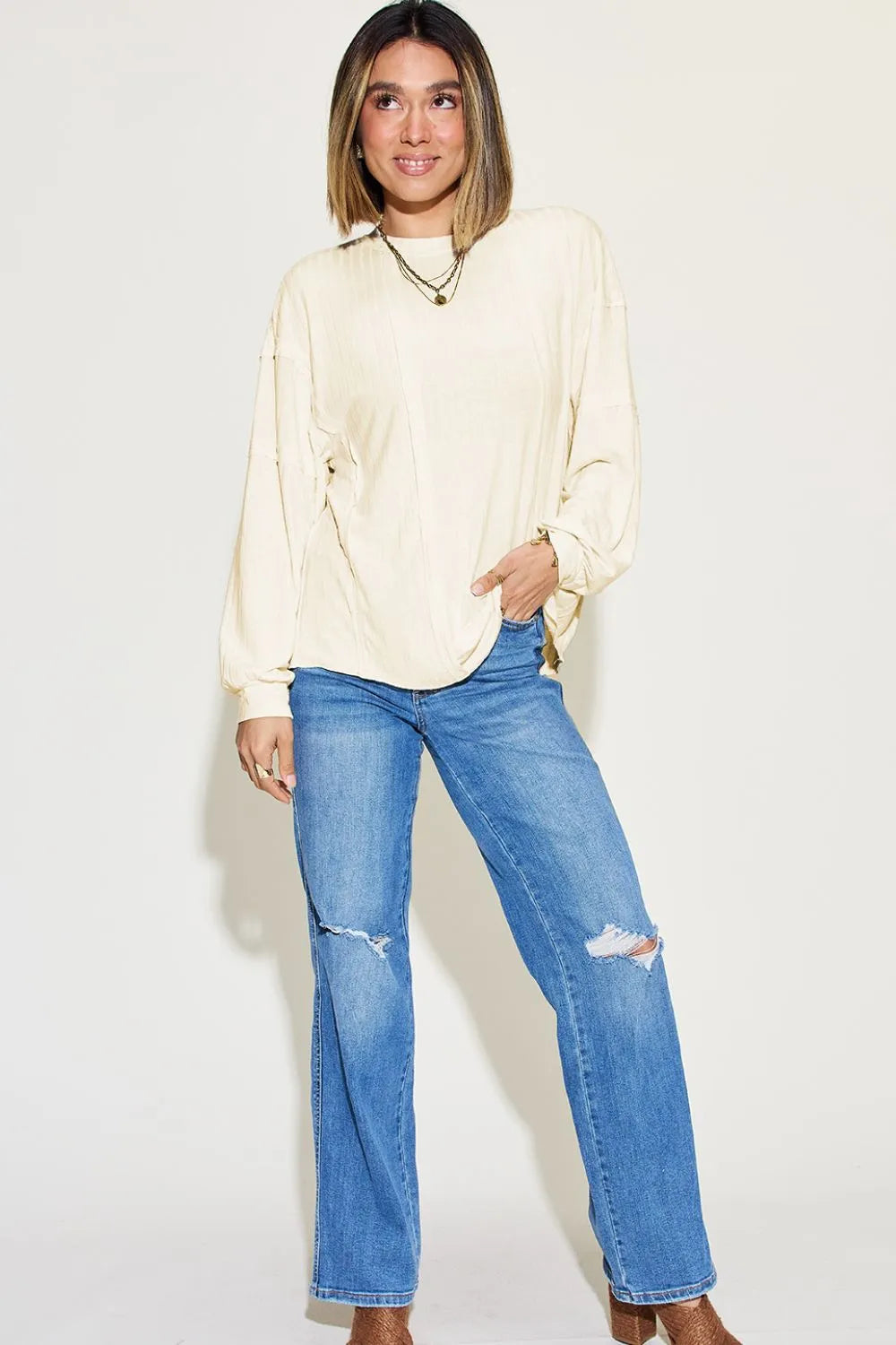 Image of Basic Bae Full Size Ribbed Round Neck Long Sleeve T-Shirt | Queeble.shop