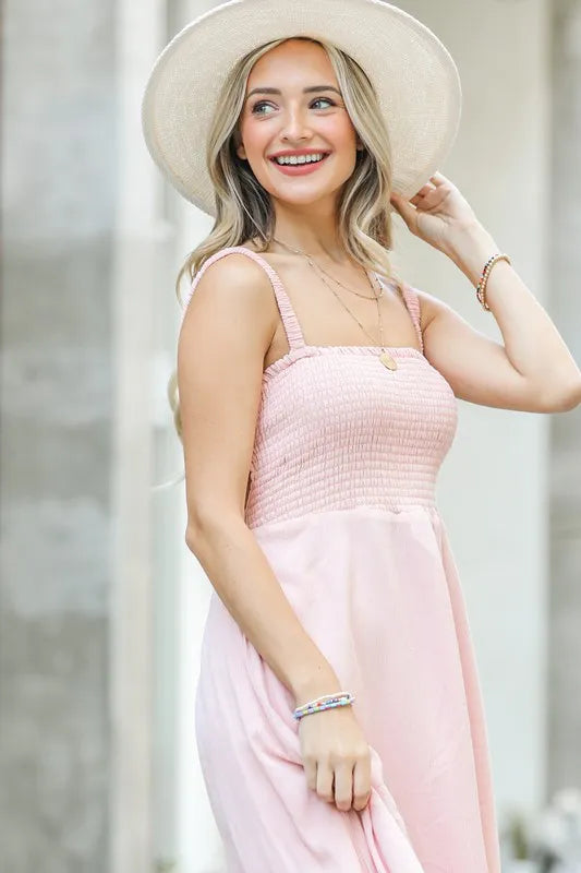 Image of And The Why Smocking Open-Back Sleeveless Midi Dress | Queeble.shop