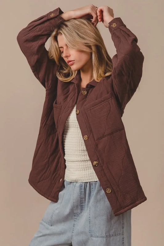Image of BiBi Quilted Wrinkle Gauze Long Sleeve Shacket | Queeble.shop
