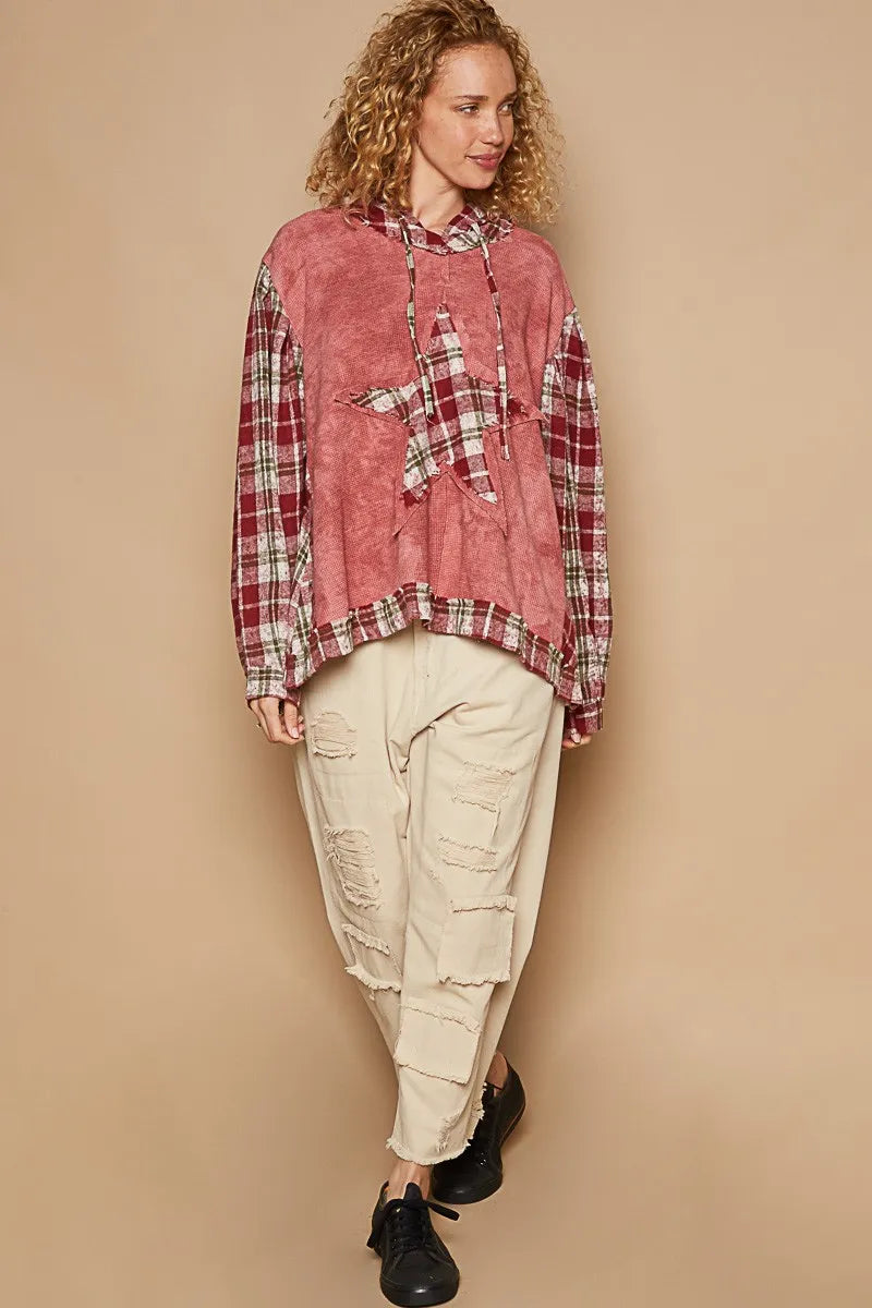 Image of POL Star Patch Plaid Long Sleeve Hooded Top | Queeble.shop