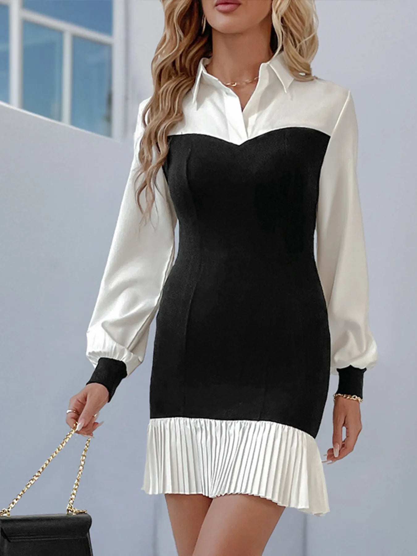 Image of Two Tone Pleated Long Sleeve Shirt Dress | Queeble.shop
