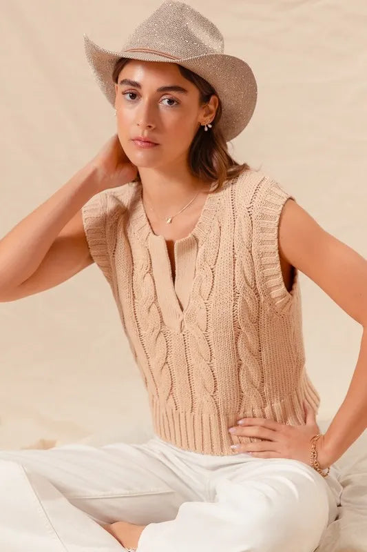 Image of SO ME Notched Neck Cable Knit Sweater Vest | Queeble.shop