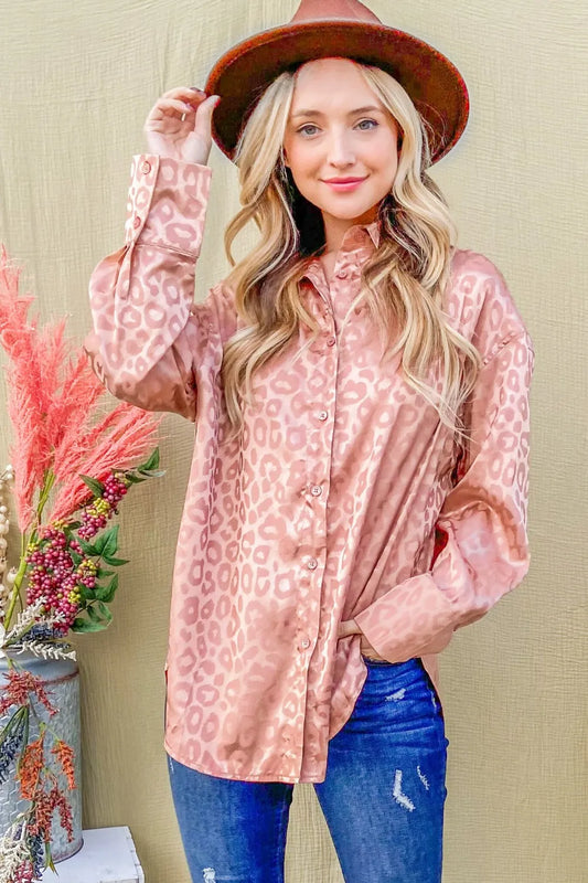 Image of And The Why Satin Leopard Button Up Curved Hem Shirt | Queeble.shop