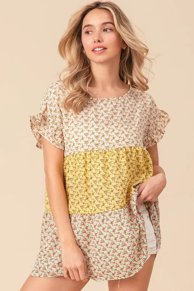 Image of BiBi Flroal Printed Woven Color Block and Tiered Top | Queeble.shop