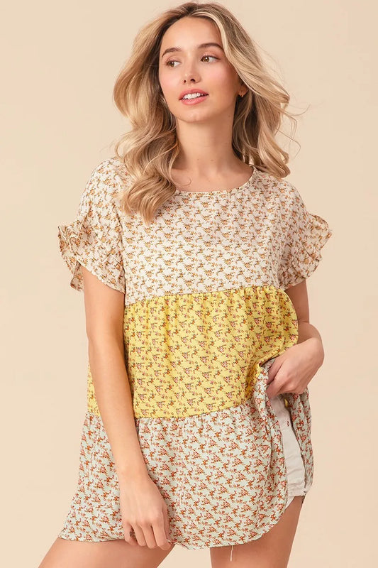 Image of BiBi Flroal Printed Woven Color Block and Tiered Top | Queeble.shop