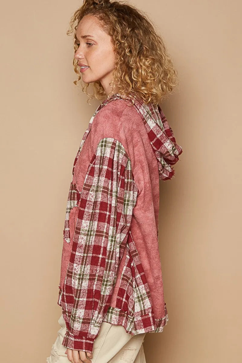 Image of POL Star Patch Plaid Long Sleeve Hooded Top | Queeble.shop