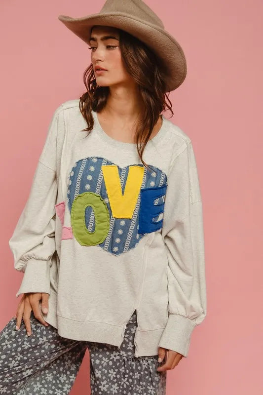Image of BiBi LOVE Heart Patch Slit French Terry Sweatshirt | Queeble.shop