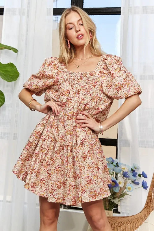 Image of ADORA Floral Square Neck Puff Sleeve Dress | Queeble.shop