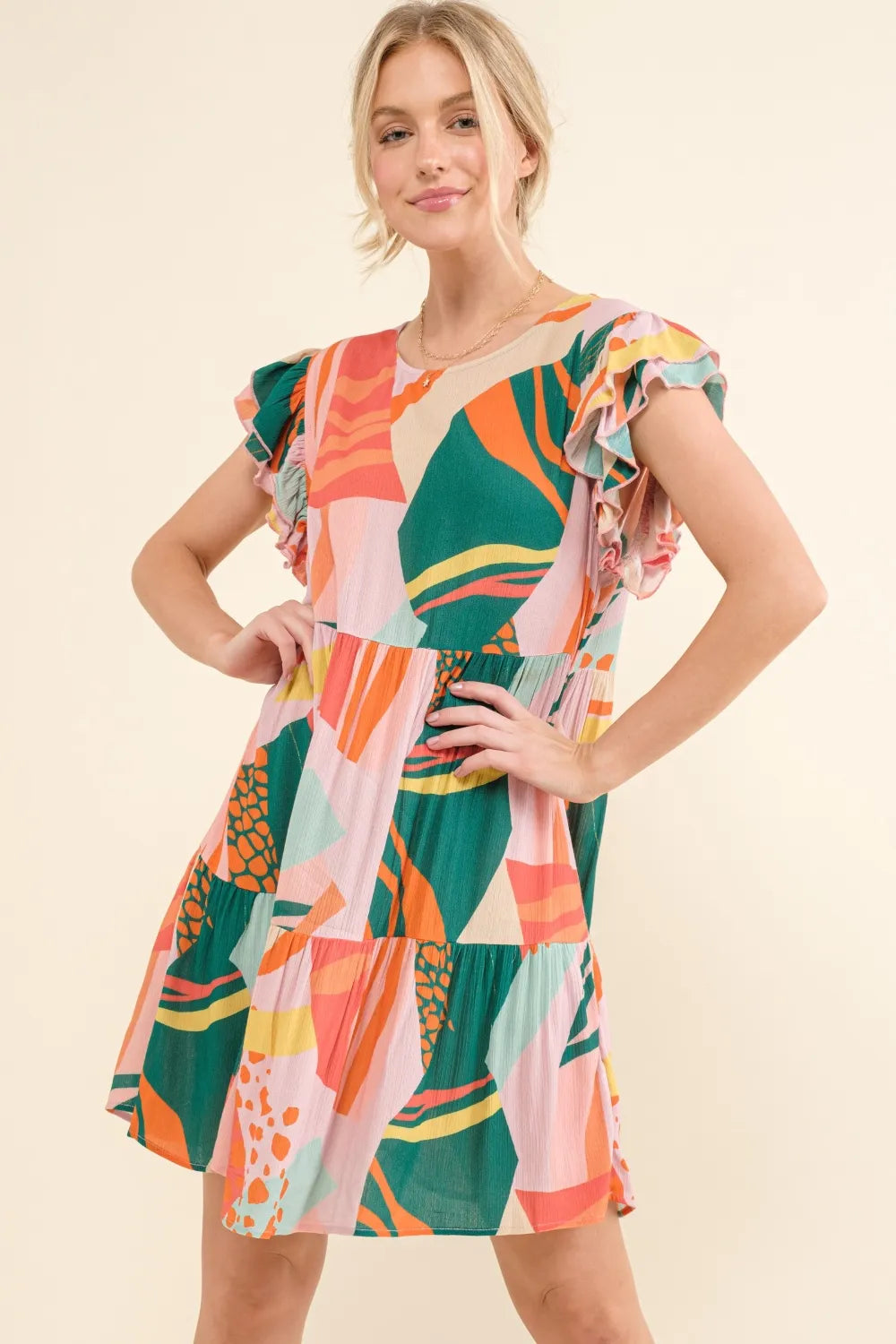Image of And The Why Printed Double Ruffle Sleeve Dress | Queeble.shop