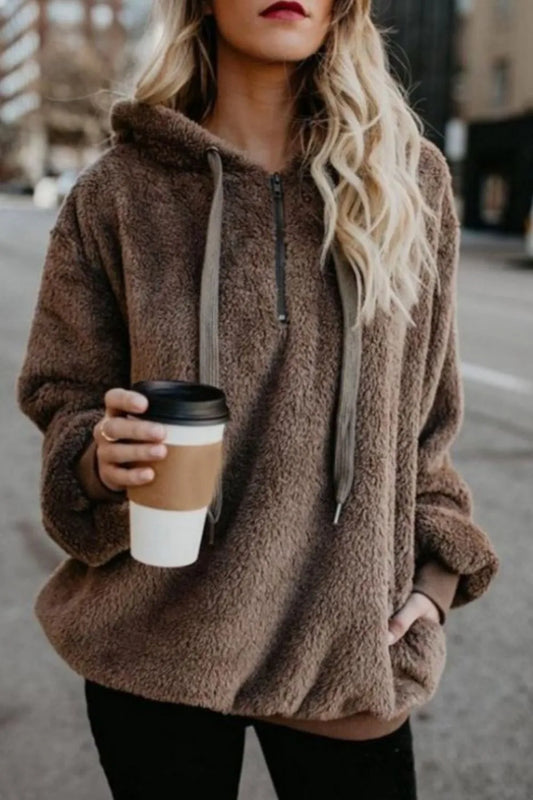 Image of Full Size Quarter-Zip Drawstring Teddy Hoodie | Queeble.shop