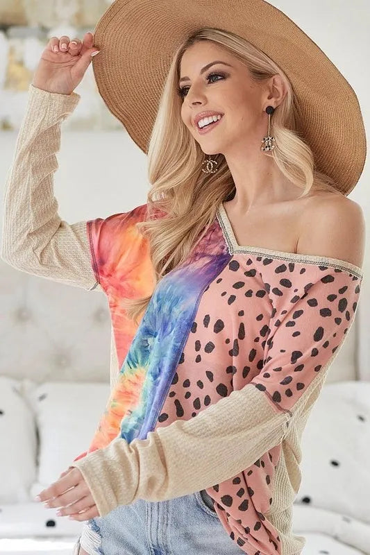 Image of BiBi Print Block V Neck Top with Contrast Stitching | Queeble.shop
